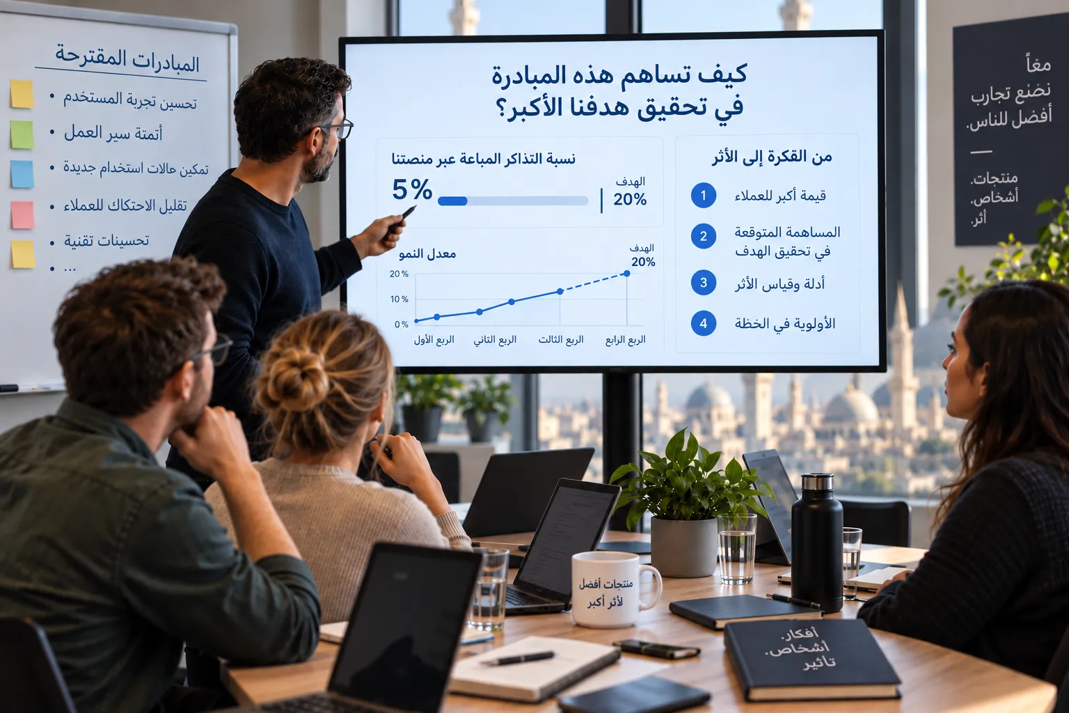 اجتماع تخطيط تظهر فيه لوحة متابعة مساهمة المنتج في الهدف الأوسع: المبادرات المقترحة في جهة، والمؤشر المشترك وهدفه في الجهة الأخرى