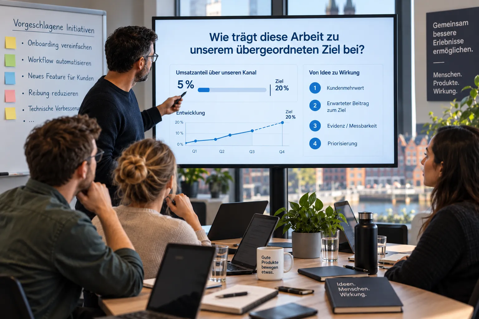 Eine Planungsrunde, in der ein Dashboard den Beitrag des Produkts zum übergeordneten Ziel sichtbar macht: vorgeschlagene Initiativen auf der einen, gemeinsame Kennzahl mit Ziel auf der anderen Seite