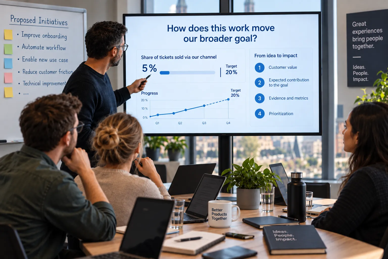 A planning meeting where a dashboard makes the product contribution to the broader goal visible: proposed initiatives on one side, the shared metric with its target on the other