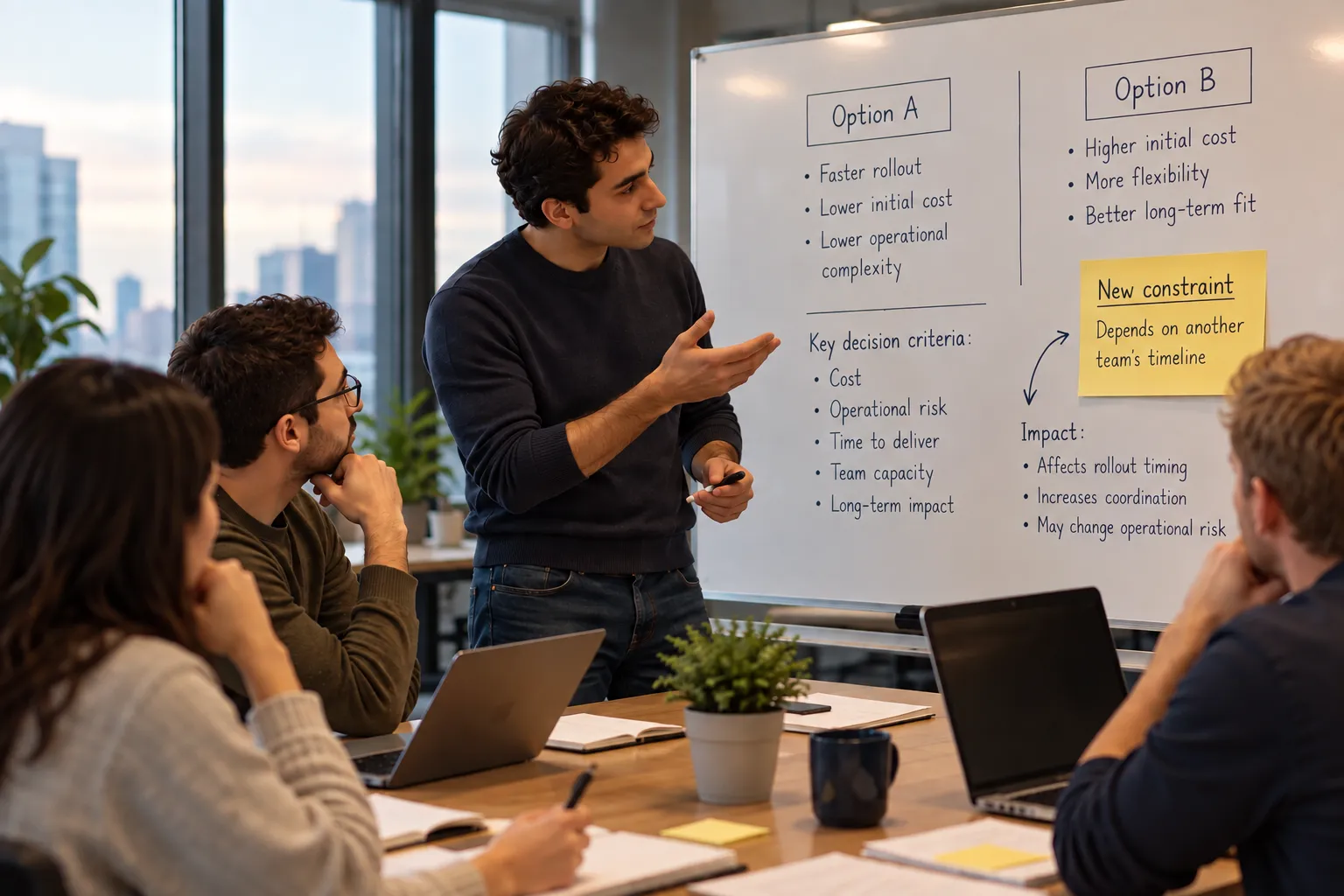 A late constraint arrives at a decision that already had momentum: the team checks it against the criteria that were used, instead of dismissing it or reopening everything
