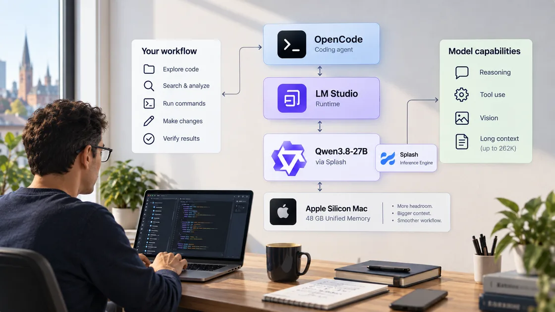Visual overview of my local AI setup: OpenCode coding agent on the LM Studio runtime running Qwen3.8-27B via the Splash inference engine on an Apple Silicon Mac with 48 GB unified memory