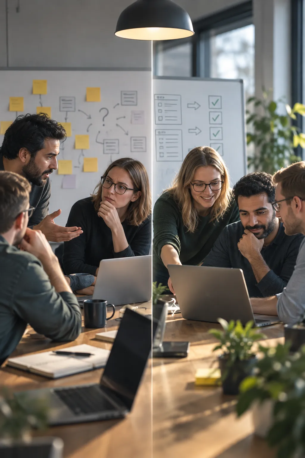 From debating positions to reviewing evidence: a team moves from a whiteboard of open questions to inspecting a concrete result together